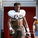 Cleveland Browns tight end David Njoku (85) makes his way to the field during the Cleveland Browns Training Camp on July 28, 2019, at the at the Cleveland Browns Training Facility in Berea, Ohio.