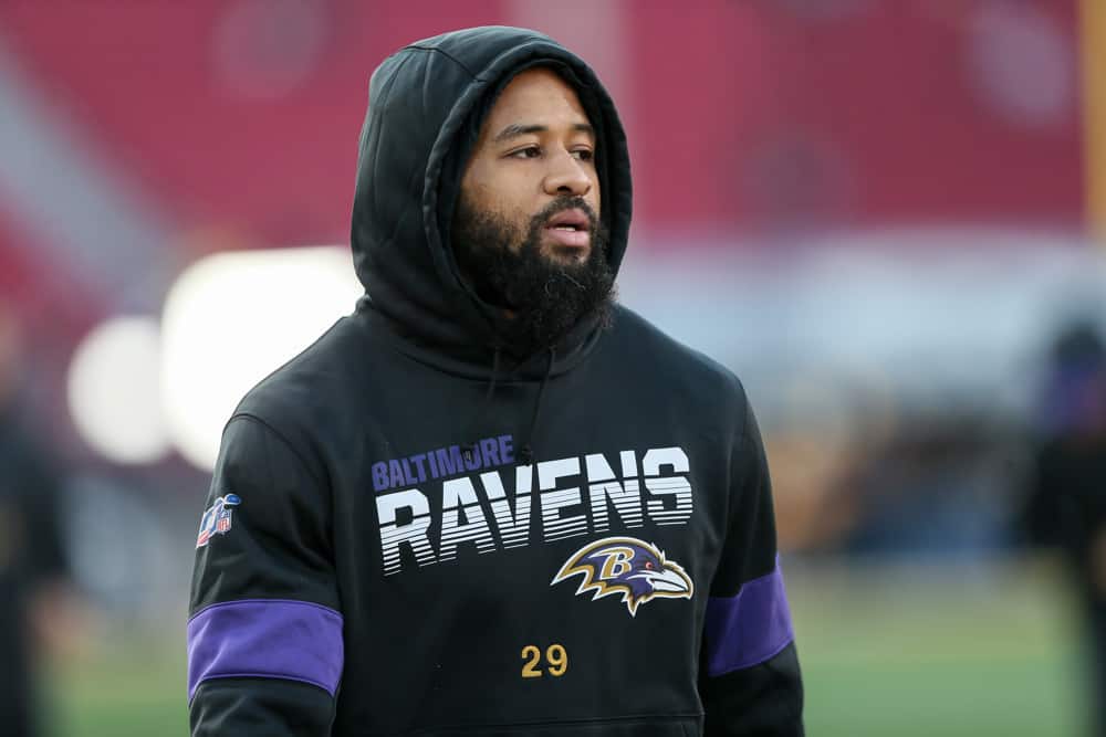 Baltimore Ravens free safety Earl Thomas (29) before the Baltimore Ravens vs Los Angeles Rams football game on November 25, 2019, at the Los Angeles Memorial Coliseum in Los Angeles, CA. 