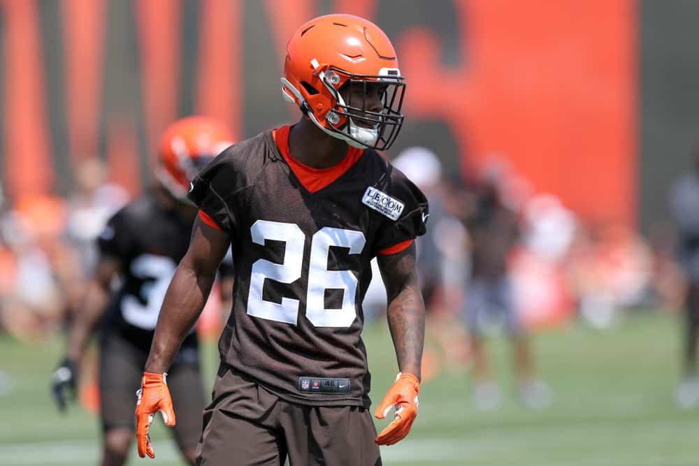 Cleveland Browns cornerback Greedy Williams (26) participates in drills during the Cleveland Browns Training Camp on July 25, 2019, at the at the Cleveland Browns Training Facility in Berea, Ohio. 