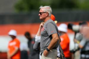 Cleveland Browns owner Jimmy Haslam looks on during drills during the Cleveland Browns Training Camp on July 28, 2019, at the at the Cleveland Browns Training Facility in Berea, Ohio.