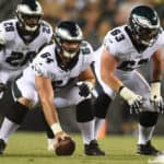 Philadelphia Eagles offensive tackle Aaron Evans (63) waits for Philadelphia Eagles center Jon Toth (64) to snap the ball during a NFL preseason game between the Philadelphia Eagles and the Pittsburgh Steelers on August 9, 2018, at Lincoln Financial Field in Philadelphia,PA.
