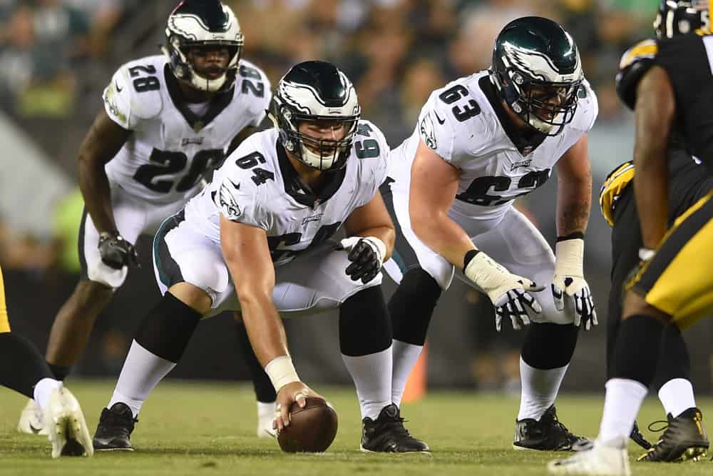 Philadelphia Eagles offensive tackle Aaron Evans (63) waits for Philadelphia Eagles center Jon Toth (64) to snap the ball during a NFL preseason game between the Philadelphia Eagles and the Pittsburgh Steelers on August 9, 2018, at Lincoln Financial Field in Philadelphia,PA. 