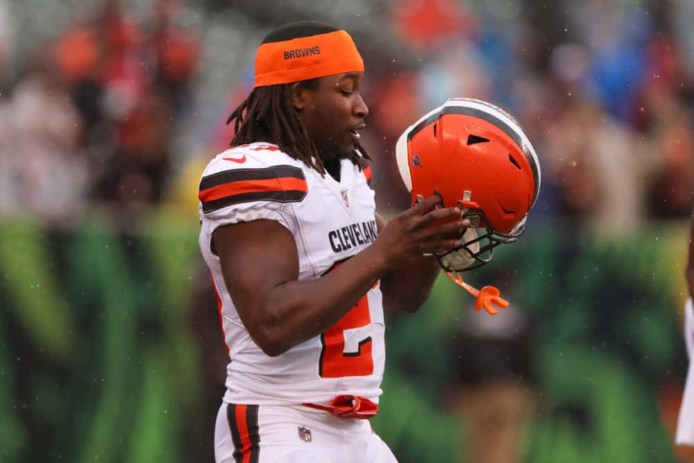 Cleveland Browns running back Kareem Hunt (27) warms up before the game against the Cleveland Browns and the Cincinnati Bengals on December 29, 2019, at Paul Brown Stadium in Cincinnati, OH. 