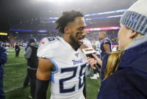 Tennessee Titans cornerback Logan Ryan (26) gives an interview after an AFC Wild Card game between the New England Patriots and the Tennessee Titans on January 4, 2020, at Gillette Stadium in Foxborough, Massachusetts.