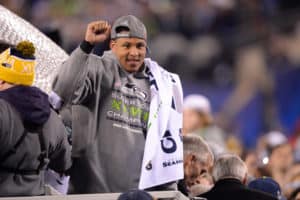 02 February 2014: Seattle Seahawks outside linebacker Malcolm Smith (53) and Superbowl MVP during Super Bowl XLVIII between the Denver Broncos and the Seattle Seahawks at MetLife Stadium in East Rutherford, NJ The Seahawks defeated the Broncos 43-8.