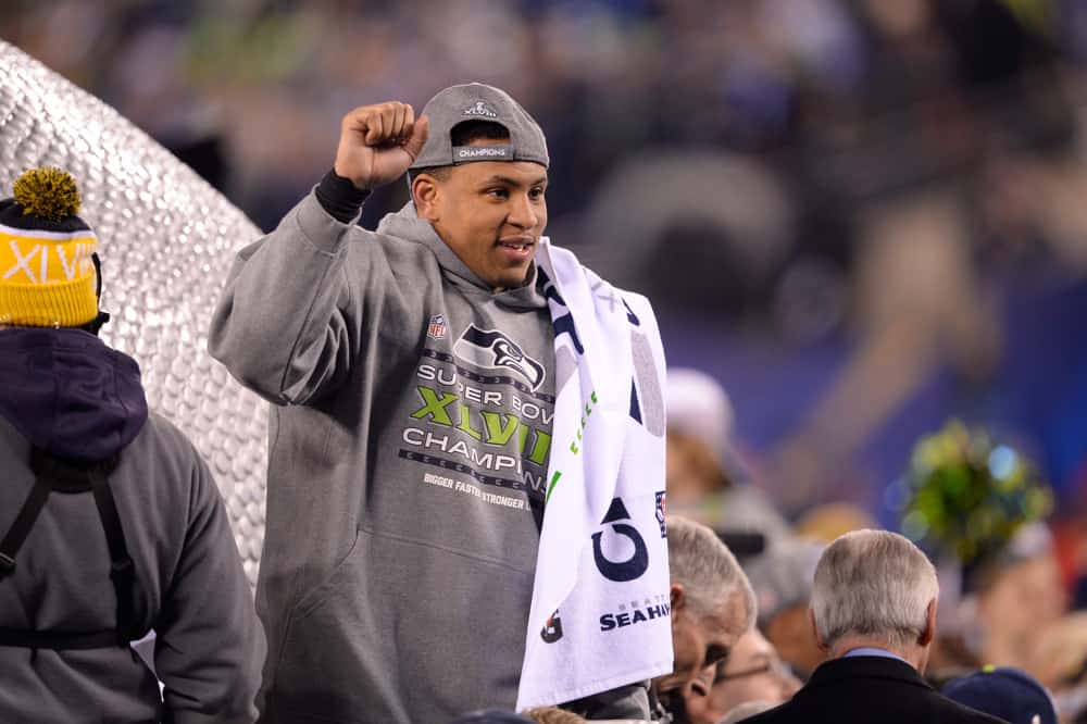 02 February 2014: Seattle Seahawks outside linebacker Malcolm Smith (53) and Superbowl MVP during Super Bowl XLVIII between the Denver Broncos and the Seattle Seahawks at MetLife Stadium in East Rutherford, NJ The Seahawks defeated the Broncos 43-8.