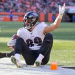 Baltimore Ravens tight end Mark Andrews (89) reacts after being called for offensive pass interference during the fourth quarter of the National Football League game between the Baltimore Ravens and Cleveland Browns on December 22, 2019, at FirstEnergy Stadium in Cleveland, OH.
