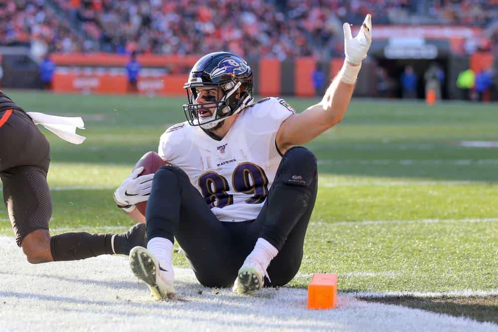 Baltimore Ravens tight end Mark Andrews (89) reacts after being called for offensive pass interference during the fourth quarter of the National Football League game between the Baltimore Ravens and Cleveland Browns on December 22, 2019, at FirstEnergy Stadium in Cleveland, OH.