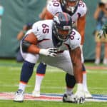 Denver Broncos offensive guard Ronald Leary (65) during the National Football League game between the New York Jets and the Denver Broncos on October 7, 2018 at MetLife Stadium in East Rutherford, NJ.