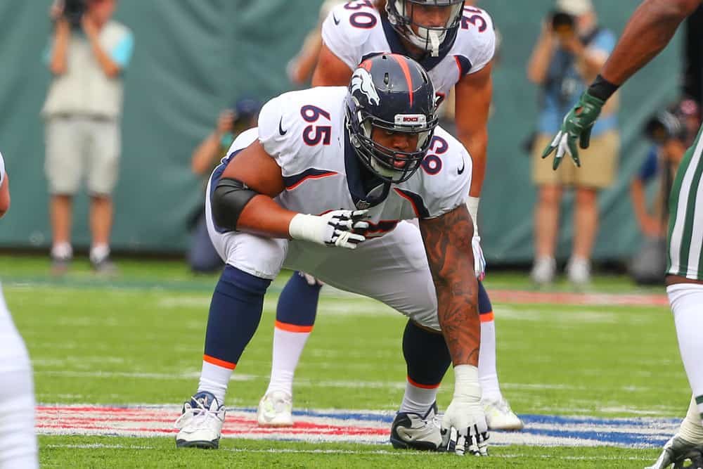 Denver Broncos offensive guard Ronald Leary (65) during the National Football League game between the New York Jets and the Denver Broncos on October 7, 2018 at MetLife Stadium in East Rutherford, NJ. 