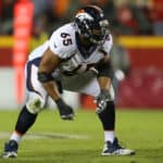 Denver Broncos offensive guard Ronald Leary (65) at the line of scrimmage in the third quarter of an AFC West divisional game between the Denver Broncos and Kansas City Chiefs on October 30, 2017 at Arrowhead Stadium in Kansas City, MO. The Chiefs won 29-19.