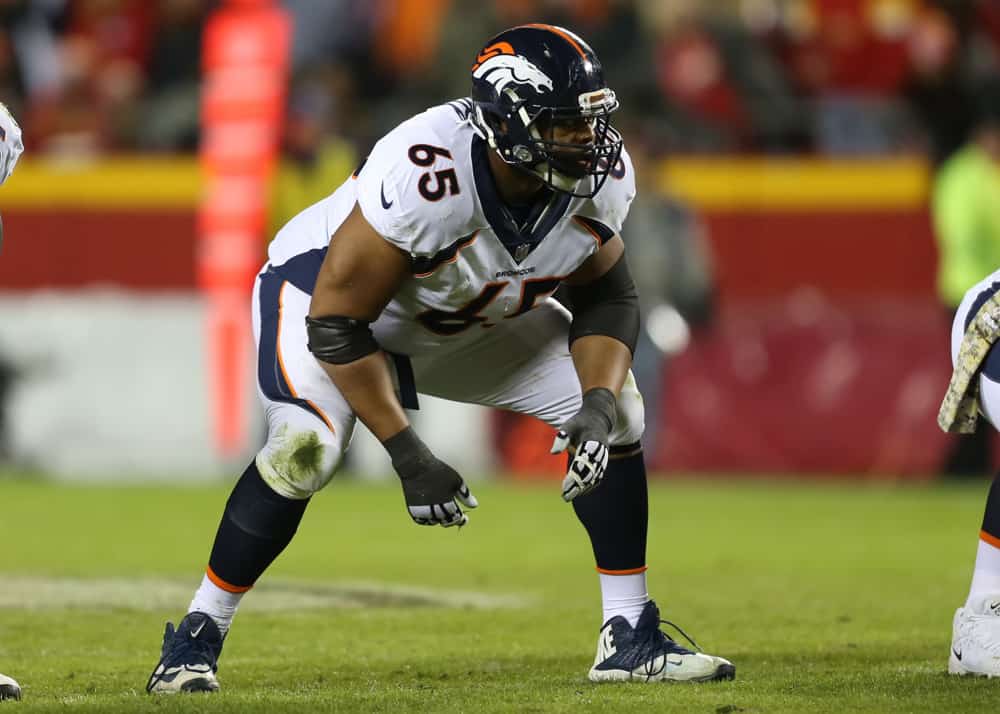 Denver Broncos offensive guard Ronald Leary (65) at the line of scrimmage in the third quarter of an AFC West divisional game between the Denver Broncos and Kansas City Chiefs on October 30, 2017 at Arrowhead Stadium in Kansas City, MO. The Chiefs won 29-19.