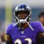 Ravens S Tony Jefferson (23) walks the field during warmups before the Preseason game between the Baltimore Ravens and Philadelphia Eagles on August 22, 2019 at Lincoln Financial Field in Philadelphia, PA.