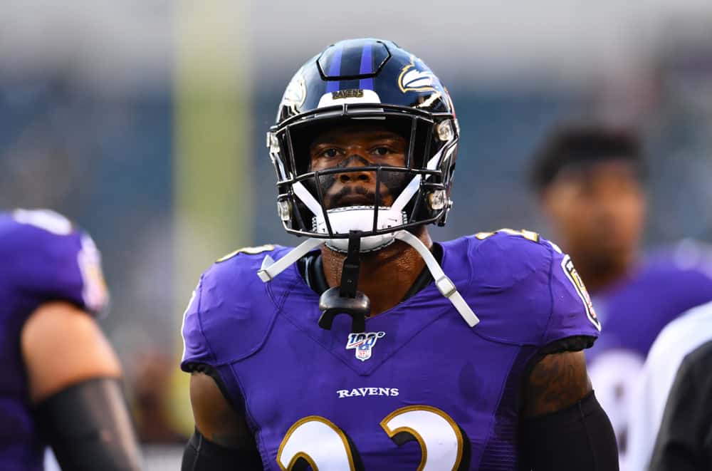 Ravens S Tony Jefferson (23) walks the field during warmups before the Preseason game between the Baltimore Ravens and Philadelphia Eagles on August 22, 2019 at Lincoln Financial Field in Philadelphia, PA.