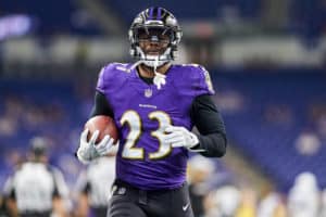 Baltimore Ravens safety Tony Jefferson (23) warms up with the football prior to game action during the preseason NFL game between the Indianapolis Colts and the Baltimore Ravens on August 20, 2018 at Lucas Oil Stadium in Indianapolis, Indiana.