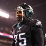 Philadelphia Eagles Defensive End Vinny Curry (75) watches the game from the sideline during the game between the New York Giants and the Philadelphia Eagles on December 09, 2019 a Lincoln Financial Field in Philadelphia, Pennsylvania.