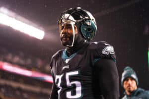 Philadelphia Eagles Defensive End Vinny Curry (75) watches the game from the sideline during the game between the New York Giants and the Philadelphia Eagles on December 09, 2019 a Lincoln Financial Field in Philadelphia, Pennsylvania.