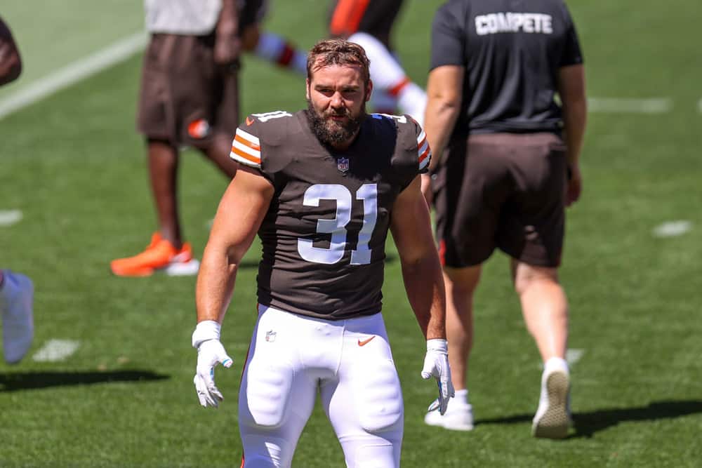 Cleveland Browns fullback Andy Janovich (31) participates in drills during the Cleveland Browns Training Camp on August 30, 2020, at FirstEnergy Stadium in Cleveland, OH.