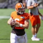 Cleveland Browns quarterback Baker Mayfield (6) during drills during the Cleveland Browns Training Camp on August 30, 2020, at FirstEnergy Stadium in Cleveland, OH.