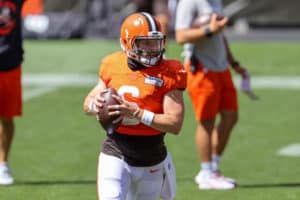 Cleveland Browns quarterback Baker Mayfield (6) during drills during the Cleveland Browns Training Camp on August 30, 2020, at FirstEnergy Stadium in Cleveland, OH.