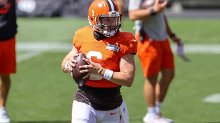 Cleveland Browns quarterback Baker Mayfield (6) during drills during the Cleveland Browns Training Camp on August 30, 2020, at FirstEnergy Stadium in Cleveland, OH.