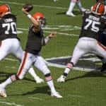 Cleveland Browns quarterback Baker Mayfield (6) passes from the pocket in the second half against the Baltimore Ravens on September 13, 2020, at M&T Bank Stadium in Baltimore, MD.