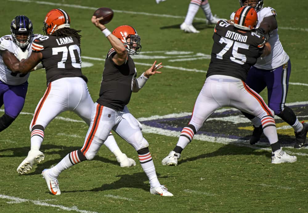 Cleveland Browns quarterback Baker Mayfield (6) passes from the pocket in the second half against the Baltimore Ravens on September 13, 2020, at M&T Bank Stadium in Baltimore, MD.