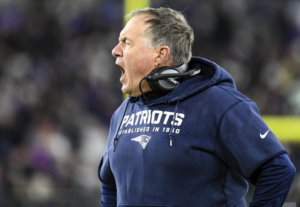 New England Patriots head coach Bill Belichick yells at the referees during the game against the Baltimore Ravens on November 3, 2019, at M&T Bank Stadium in Baltimore, MD. The Ravens defeated the Patriots 37-20. 