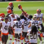 The Cleveland Browns defense celebrates after intercepting a pass on the final play of the Cleveland Browns Training Camp on August 30, 2020, at FirstEnergy Stadium in Cleveland, OH.