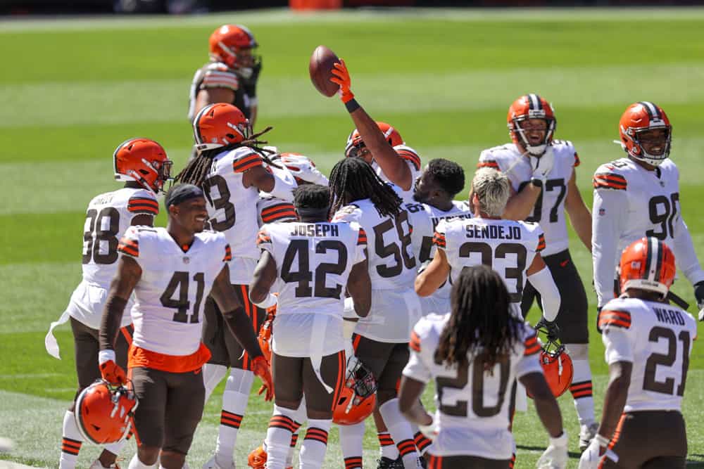 The Cleveland Browns defense celebrates after intercepting a pass on the final play of the Cleveland Browns Training Camp on August 30, 2020, at FirstEnergy Stadium in Cleveland, OH.