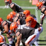 Cleveland Browns quarterback Baker Mayfield (6) looks over the defense during drills during the Cleveland Browns Training Camp on August 30, 2020, at FirstEnergy Stadium in Cleveland, OH.