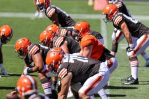 Cleveland Browns quarterback Baker Mayfield (6) looks over the defense during drills during the Cleveland Browns Training Camp on August 30, 2020, at FirstEnergy Stadium in Cleveland, OH.