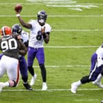 Baltimore Ravens quarterback Lamar Jackson (8) throws a pass in the second quarter against the Cleveland Browns on September 13, 2020, at M&T Bank Stadium in Baltimore, MD.