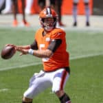 Cleveland Browns quarterback Case Keenum (5) during drills during the Cleveland Browns Training Camp on August 30, 2020, at FirstEnergy Stadium in Cleveland, OH.