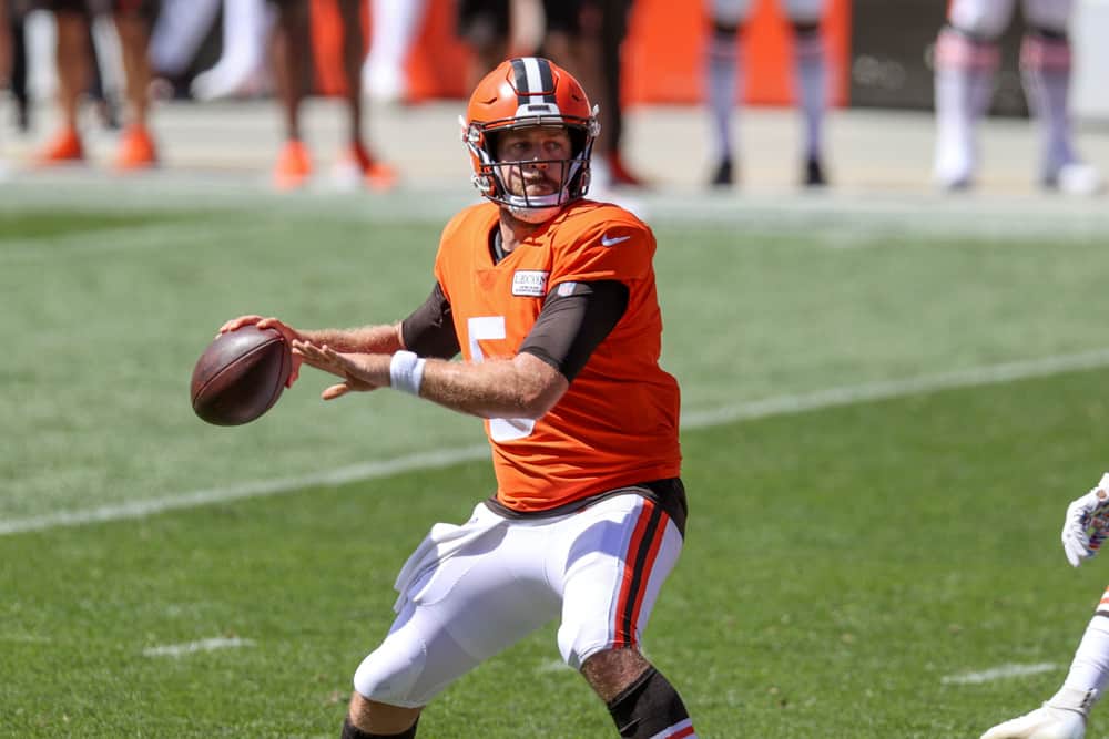 Cleveland Browns quarterback Case Keenum (5) during drills during the Cleveland Browns Training Camp on August 30, 2020, at FirstEnergy Stadium in Cleveland, OH.