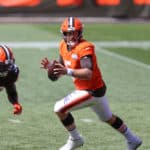 Cleveland Browns quarterback Case Keenum (5) participatges in drills during the Cleveland Browns Training Camp on August 30, 2020, at FirstEnergy Stadium in Cleveland, OH.