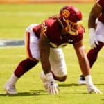 Washington Football Team defensive end Chase Young (99) prepares to rush during the game between the Washington Football Team and the Philadelphia Eagles on September 13, 2020 at FedEx Field in Landover, MD.
