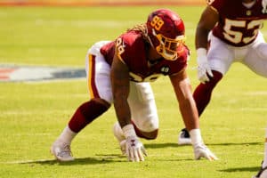 Washington Football Team defensive end Chase Young (99) prepares to rush during the game between the Washington Football Team and the Philadelphia Eagles on September 13, 2020 at FedEx Field in Landover, MD.