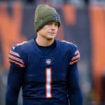 Chicago Bears place kicker Cody Parkey (1) looks on from the sidelines in the 4th quarter during an NFL football game between the Detroit Lions and the Chicago Bears on November 11, 2018, at Soldier Field in Chicago, IL.