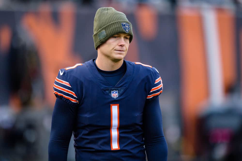 Chicago Bears place kicker Cody Parkey (1) looks on from the sidelines in the 4th quarter during an NFL football game between the Detroit Lions and the Chicago Bears on November 11, 2018, at Soldier Field in Chicago, IL.