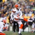 Cleveland Browns Place Kicker Cody Parkey (3) misses on a 49-yard field goal during the fourth quarter of the National Football League game between the Cleveland Browns and Pittsburgh Steelers on January 1, 2017, at Heinz Field in Pittsburgh, PA. Pittsburgh defeated Cleveland 27-24 in overtime.