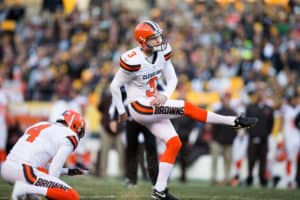 Cleveland Browns Place Kicker Cody Parkey (3) misses on a 49-yard field goal during the fourth quarter of the National Football League game between the Cleveland Browns and Pittsburgh Steelers on January 1, 2017, at Heinz Field in Pittsburgh, PA. Pittsburgh defeated Cleveland 27-24 in overtime.