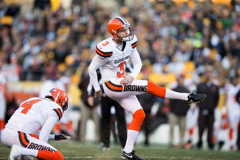 Cleveland Browns Place Kicker Cody Parkey (3) misses on a 49-yard field goal during the fourth quarter of the National Football League game between the Cleveland Browns and Pittsburgh Steelers on January 1, 2017, at Heinz Field in Pittsburgh, PA. Pittsburgh defeated Cleveland 27-24 in overtime. 