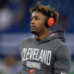 Cleveland Browns cornerback Denzel Ward (21) warms up on the field before the week 2 NFL preseason game between the Cleveland Browns and the Indianapolis Colts on August 17, 2019 at Lucas Oil Stadium, in Indianapolis, IN.