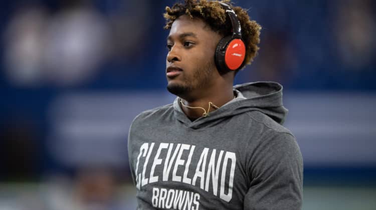 Cleveland Browns cornerback Denzel Ward (21) warms up on the field before the week 2 NFL preseason game between the Cleveland Browns and the Indianapolis Colts on August 17, 2019 at Lucas Oil Stadium, in Indianapolis, IN.