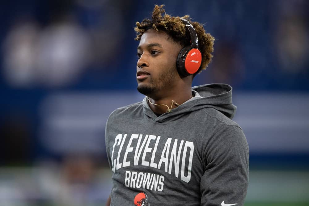 Cleveland Browns cornerback Denzel Ward (21) warms up on the field before the week 2 NFL preseason game between the Cleveland Browns and the Indianapolis Colts on August 17, 2019 at Lucas Oil Stadium, in Indianapolis, IN.