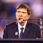 Ernie Accorsi speaks after being inducted into the Giants Ring of Honor during halftime of the National Football League game between the New York Giants and Cincinnati Bengals on November 14, 2016, at Met Life Stadium in East Rutherford,NJ.