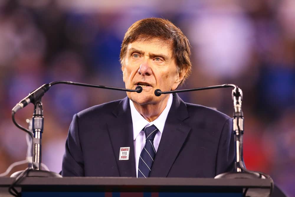 Ernie Accorsi speaks after being inducted into the Giants Ring of Honor during halftime of the National Football League game between the New York Giants and Cincinnati Bengals on November 14, 2016, at Met Life Stadium in East Rutherford,NJ. 