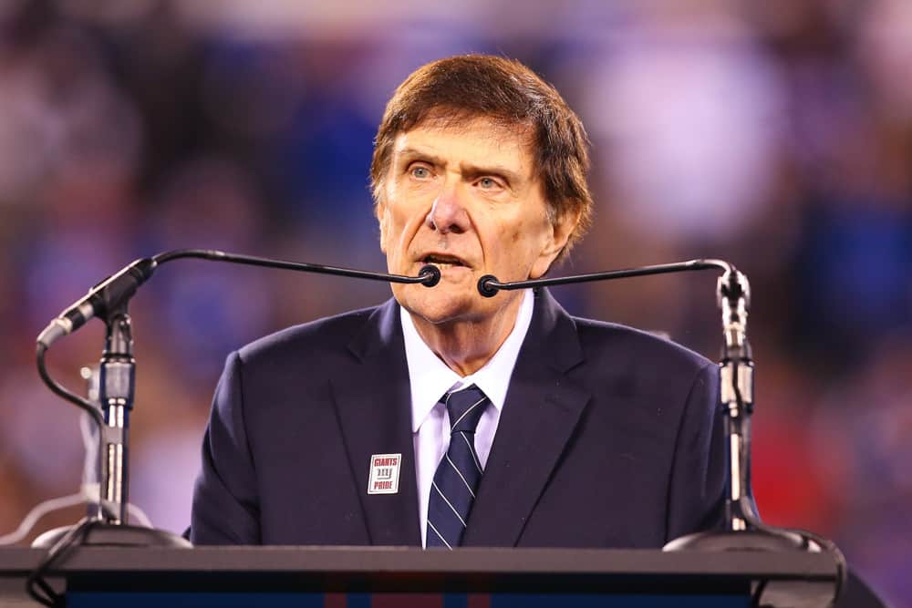 Ernie Accorsi speaks after being inducted into the Giants Ring of Honor during halftime of the National Football League game between the New York Giants and Cincinnati Bengals on November 14, 2016, at Met Life Stadium in East Rutherford,NJ.