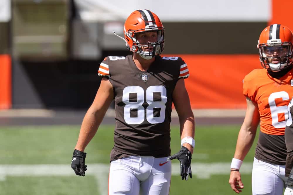 Cleveland Browns tight end Harrison Bryant (88) during drills during the Cleveland Browns Training Camp on August 30, 2020, at FirstEnergy Stadium in Cleveland, OH. 